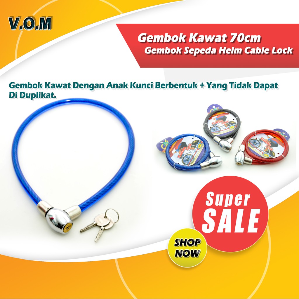 VOM-Gembok Kawat 70cm Dengan Kunci / Gembok Sepeda Helm Cable Lock 0387