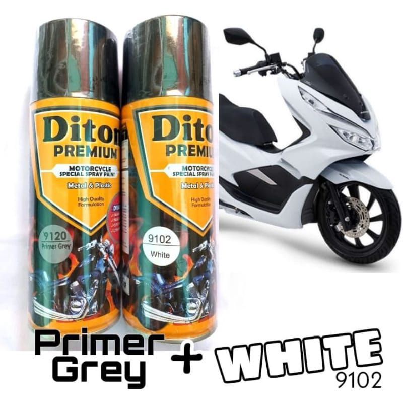Paket Hemat Pylok Pylox Diton Premium 400ml Primer Grey 9120 + White 9102 , Putih Solid
