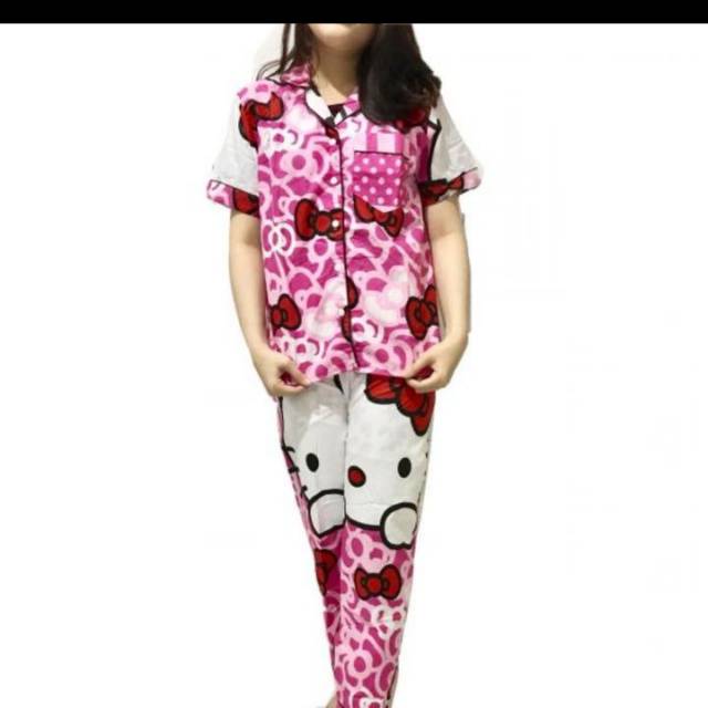 Baju Tidur Piyama Wanita / Cewek Katun Jepang Motif Hello Kitty Pita All Size L Varian CP, PP