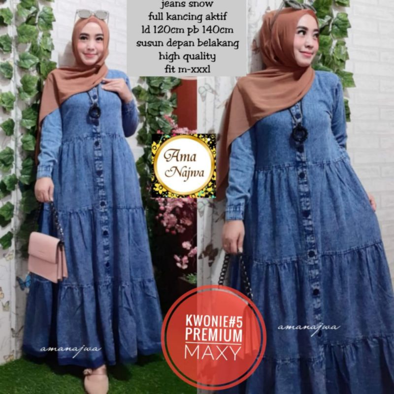 KWONIE gamis jeans jumbo ld 120 140 by ama najwa dress jeans jumbo ori jeanwashed gamis jeans muslim