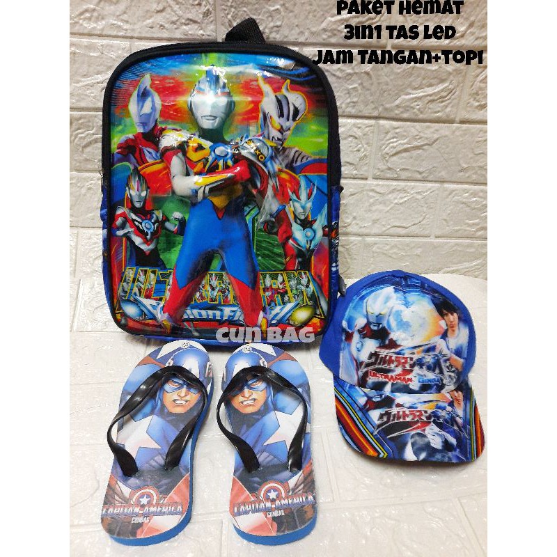 tas anak ultraman 4dimensi+topi ultraman+sandal