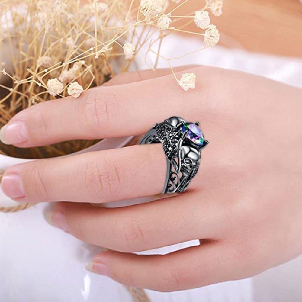 Cincin Desain Kerangka Tengkorak Bunga Halloween Gaya Retro Punk Untuk Wanita