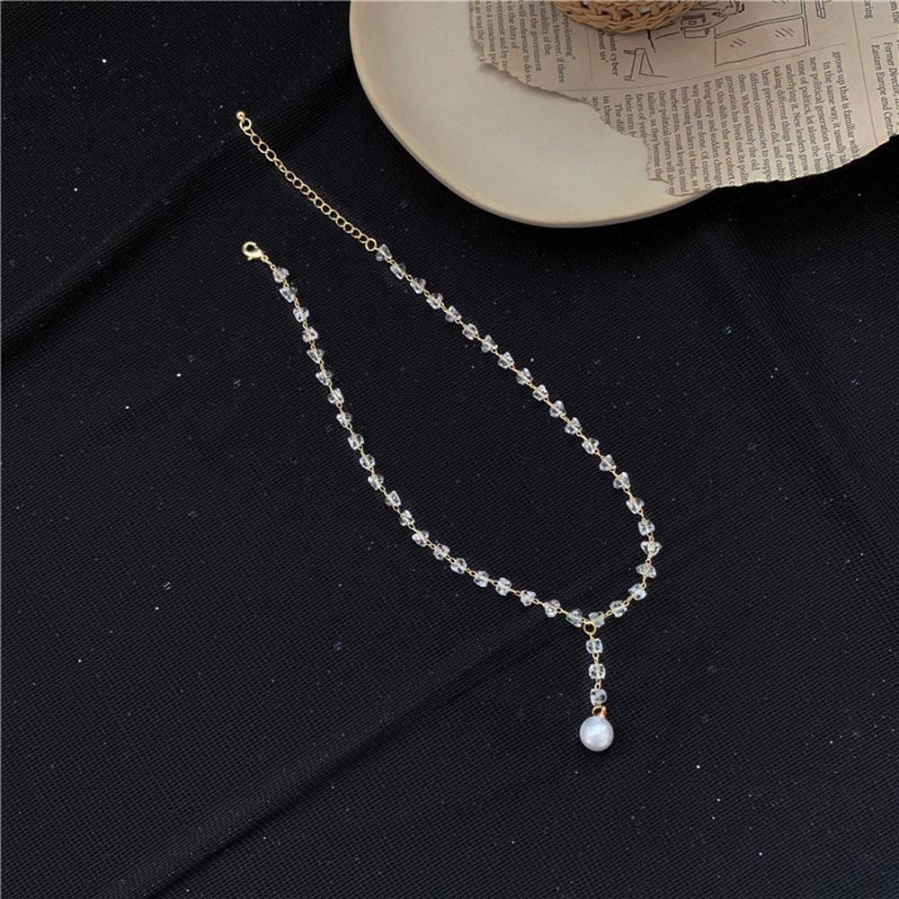 Needway   Kalung Liontin Statement Chic Mutiara Putih Elegan Kristal Aksesoris Fashion