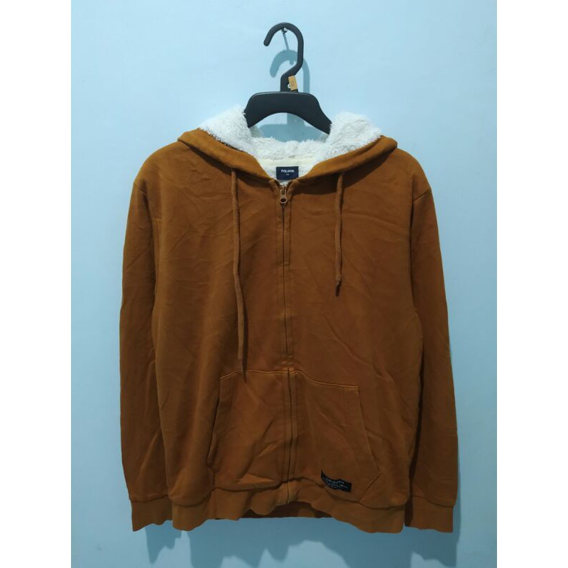 jaket zipper hoodie sherpa bulu polham coklat second original