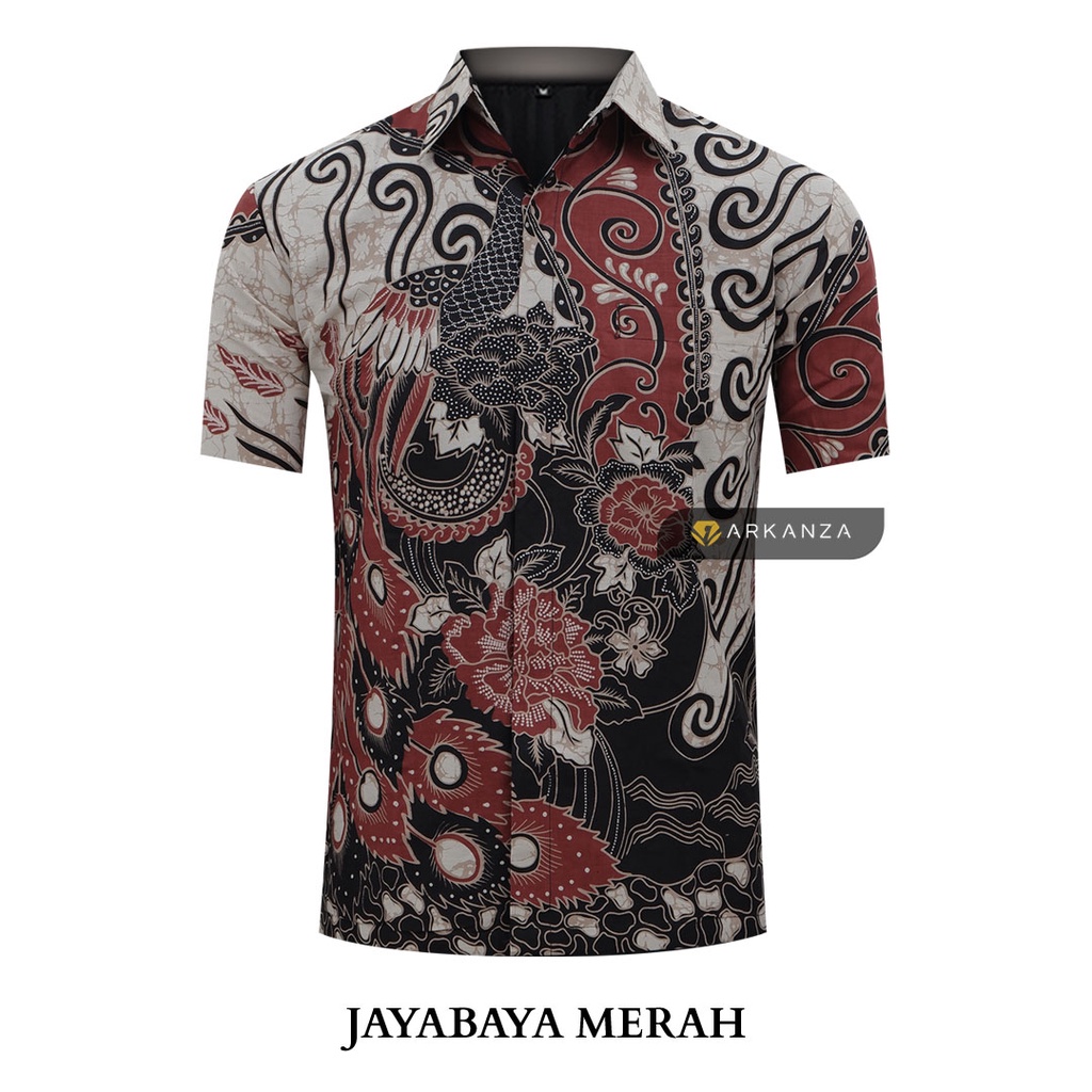 BATIK ARKANZA Motif JAYABAYA MERAH Hem Atasan Kemeja Baju Batik Pria Cowok Laki Laki Slimfit Full Lapis Furing Lengan Panjang Lengan Pendek Original Asli