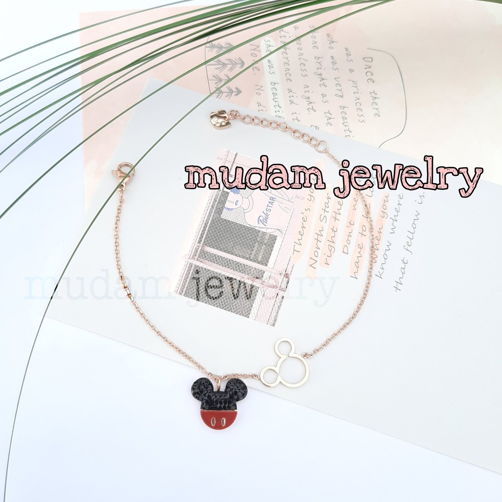 Gelang Rantai Titanium Model Mickey Hitam Merah Tersedia Warna Rose Gold dan Gold