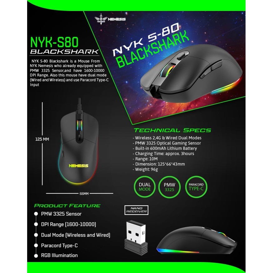 Mouse gaming Nyk wireless wired S80 Rgb Black shark - S-80 blackshark pmw 3325