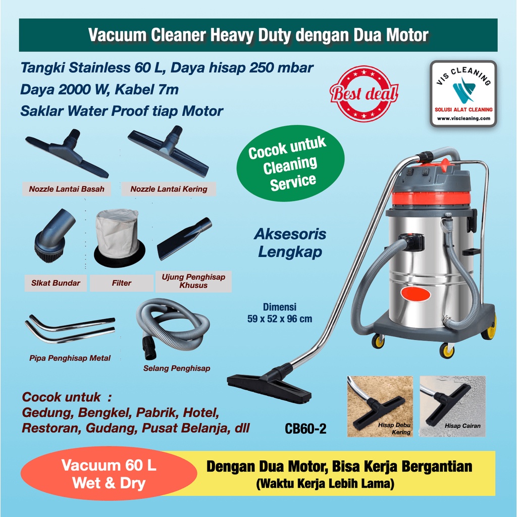 Vacuum Cleaner Stainless 60 Liter (2 Motor) Wet &amp; Dry