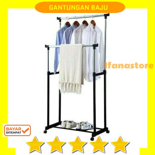 Hanger Gantungan Baju Double Rak  / Stand Hanger Single Rak Gantung Baju Dan Rak Sepatu / Rak Gantungan Baju Jemuran Stand Hanger Tempat Pakaian