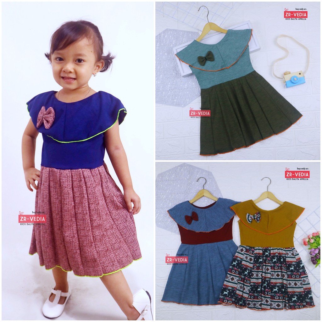 Dress Evelin uk 3-4 Tahun / Baju Anak Perempuan Atasan Model Dres Cewek Gaun Pesta Motif Polos Bunga