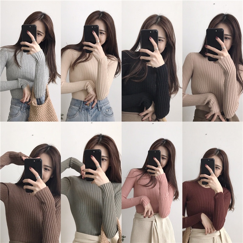 Sweater Rajut Lengan Panjang Kerah Setengah Tinggi Wanita Korea