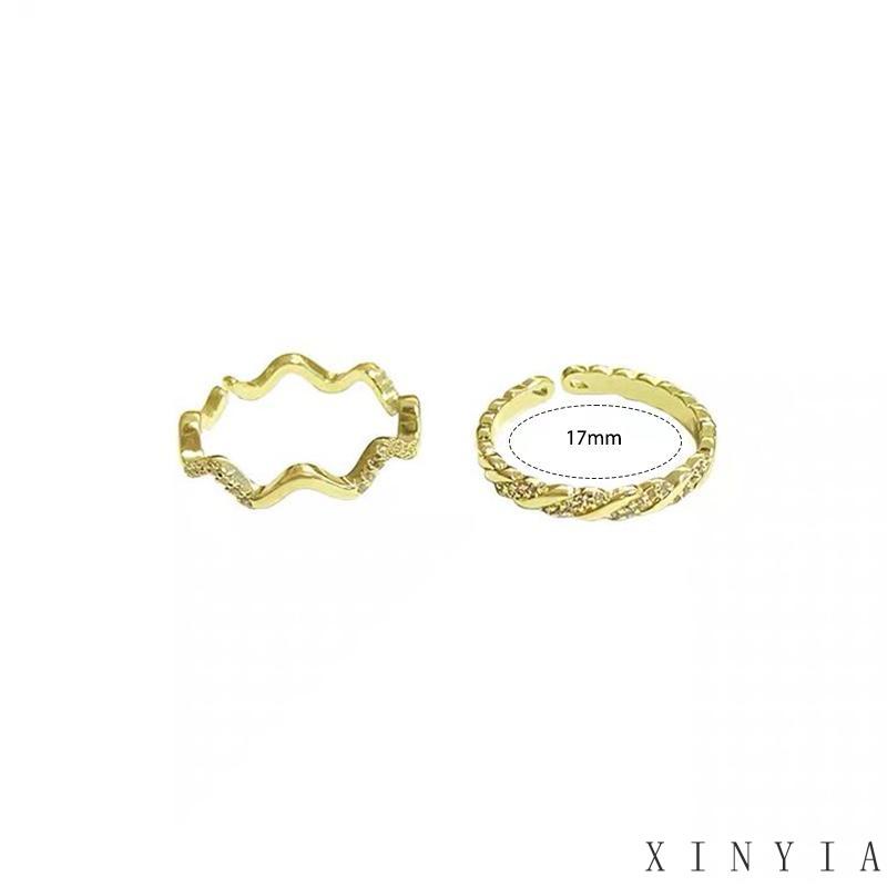 【Bayar di tempat】2pcs / Set Cincin Model Terbuka Adjustable Desain Ombak Hias Berlian Untuk Wanita