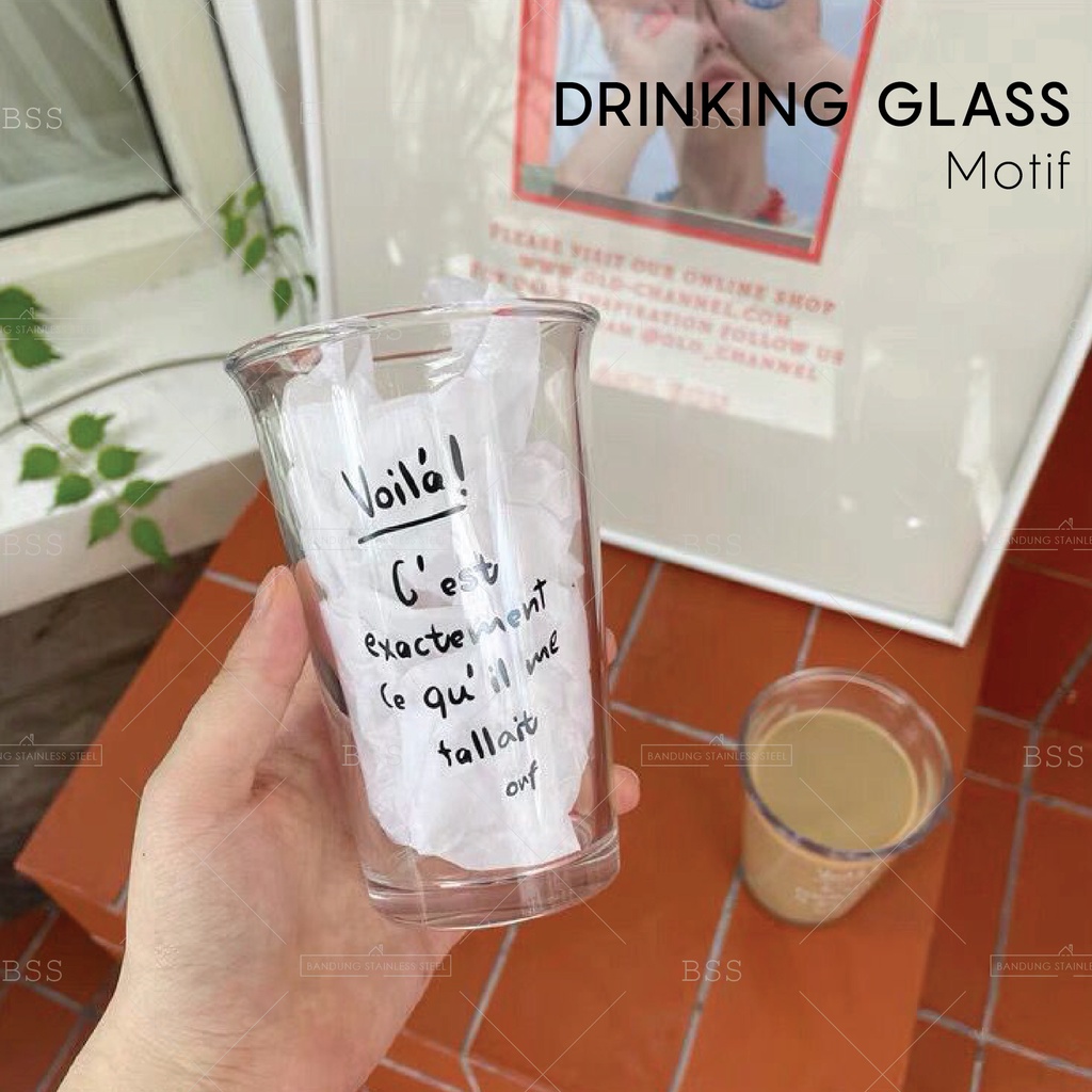 Glass cafe Coffee 350ml Gelas Kaca Kopi Jus Juice Dessert cankir unik lucu cantik simple elegan motif-MOTIF HITAM
