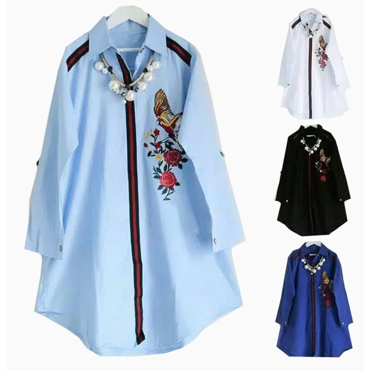 YAKO tunik Casual Wanita dengan Model Lengan Panjang dan Hiasan Bordir Warna Putih