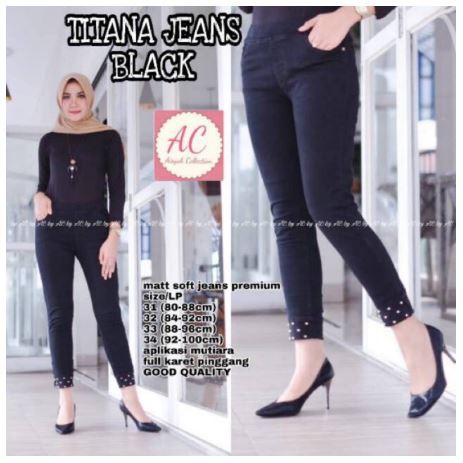 TITANA JEANS APLIKASI MUTIARA HITAM, bahan melar pinggang karet