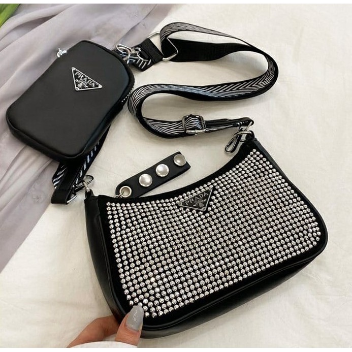 BJ60928 (2IN1) - BLACK/SILVER - TAS SLEMPANG WANITA FREE DOMPET KOIN BLING BLINK MANIK FASHION IMPORT MODIS ELEGAN TERMURAH TERLARIS TERBARU BAGSTORE JAKARTA TAS BATAM ZC0928