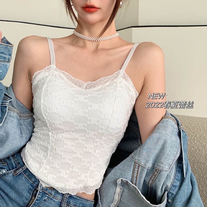 Korean Lace Pearl Floral Tank Top Atasan Wanita All Size