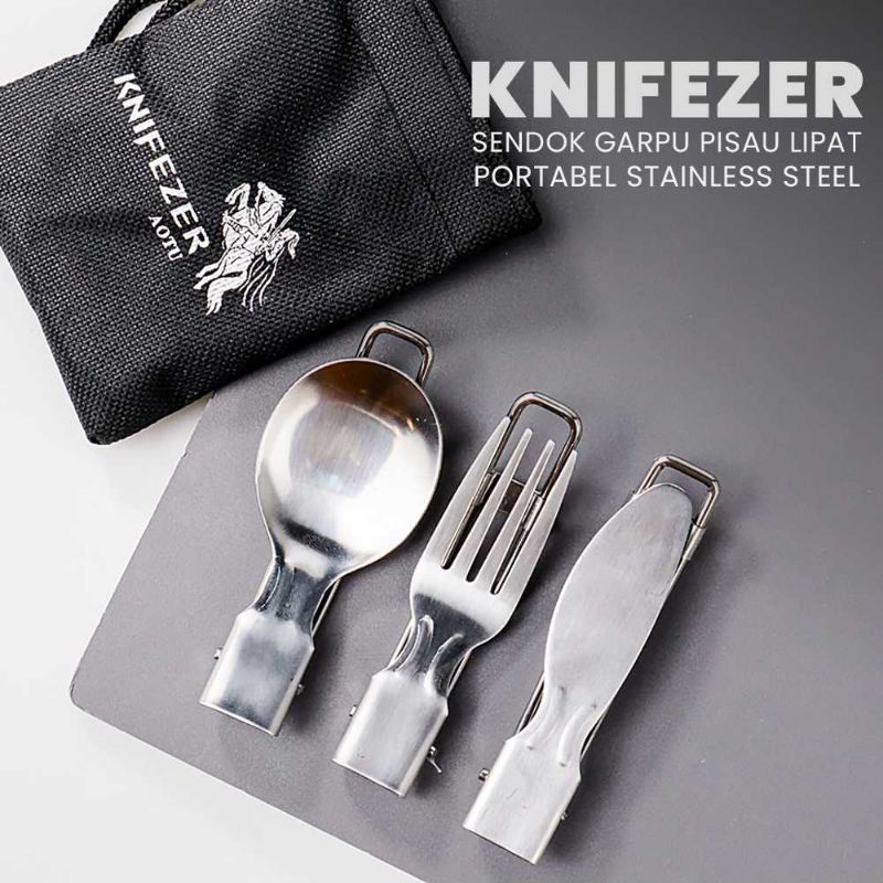 KNIFIZER Sendok Garpu Lipat Portable Stainless Steel | Peralatan Makan Portable untuk Kegiatan Outdoor Camping Mendaki Gunung