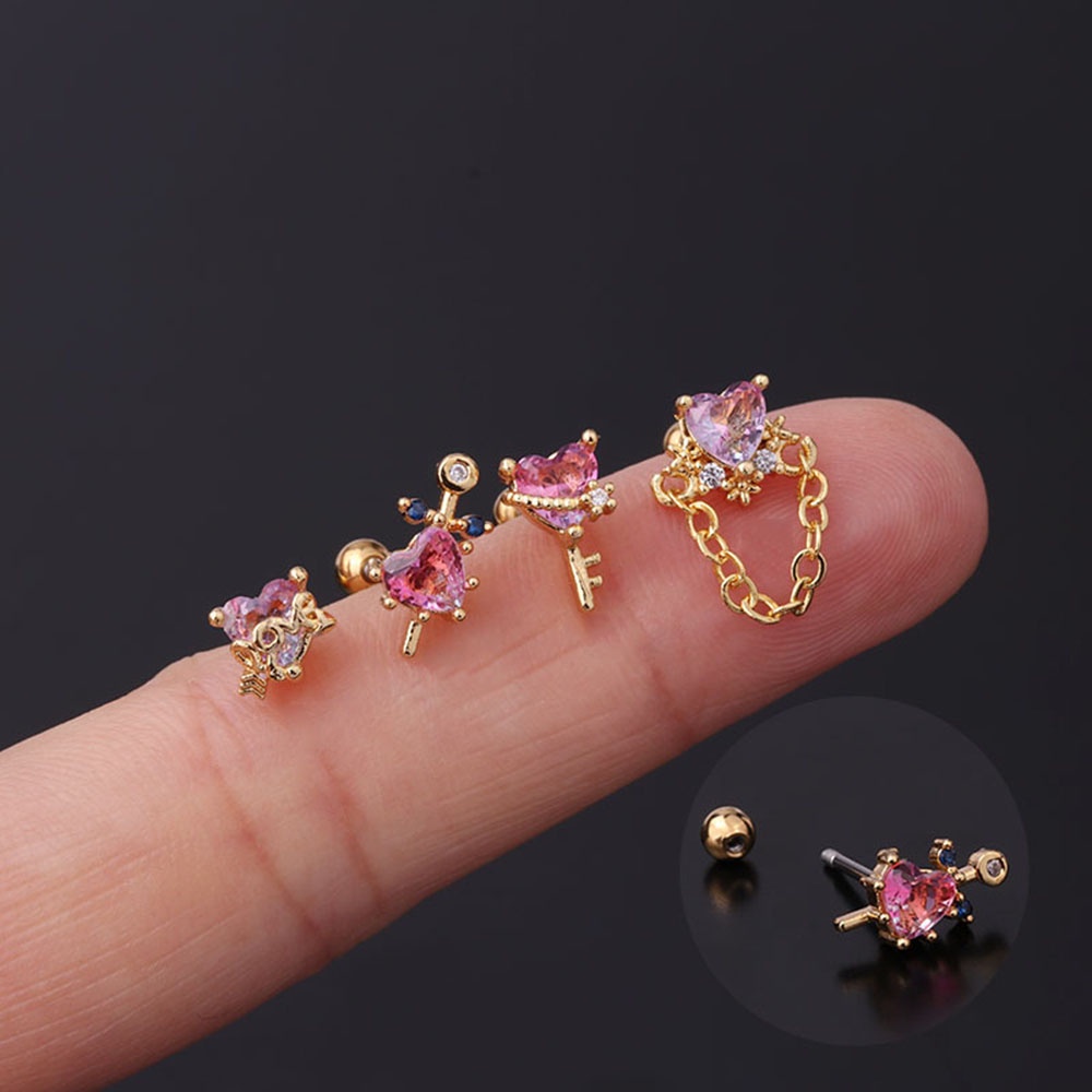 Needway  Personality Stud earrings Simple Piercing jewelry Heart cartilage earrings Helix screw Fashion Korean style Temperament Earrings for women Zircon Earbone nail/Multicolor