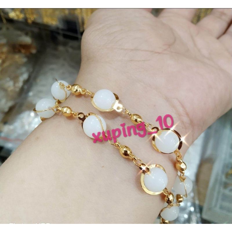 Perhiasan Xuping Gelang Tangan Dewasa Motif Batu Bola Putih Berlapis Emas