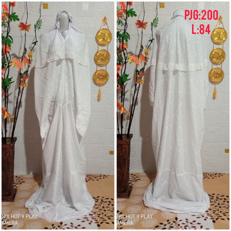 mukena terusan katun jepang putih full renda lokal