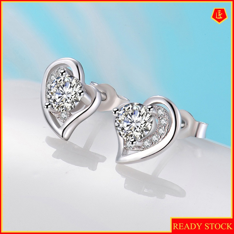 [Ready Stock]925 Silver Women's Simple Diamond Heart-Shaped Earrings