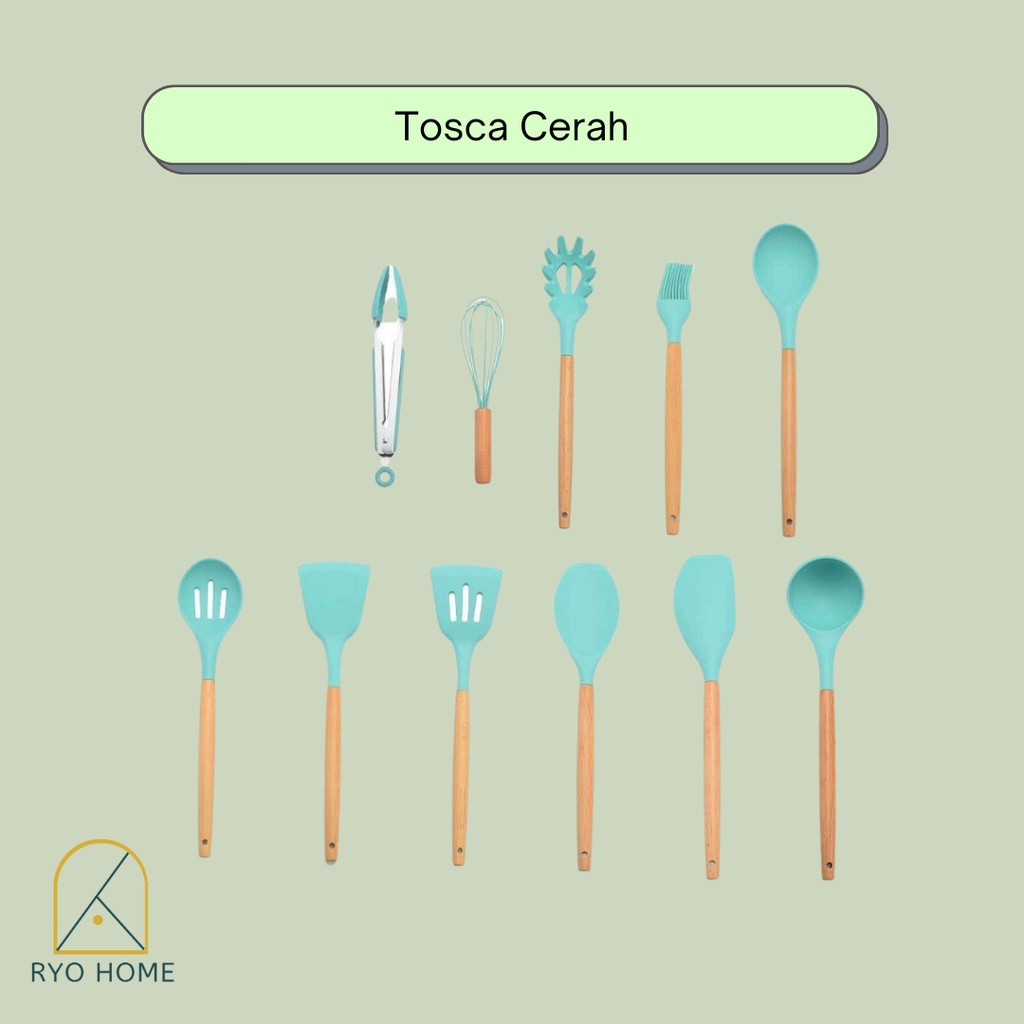 [ RYO ] KAI Peralatan Masak Bahan Silikon Dengan Gagang Kayu  / Slotted Spatula Set Silicone / Kitchen tools / Alat masak / Perlengkapan Dapur / Penjepit Makanan / Tongs / Pengocok Telur / Whisk / Kuas / Brush / Silica Gel Food Grade-3