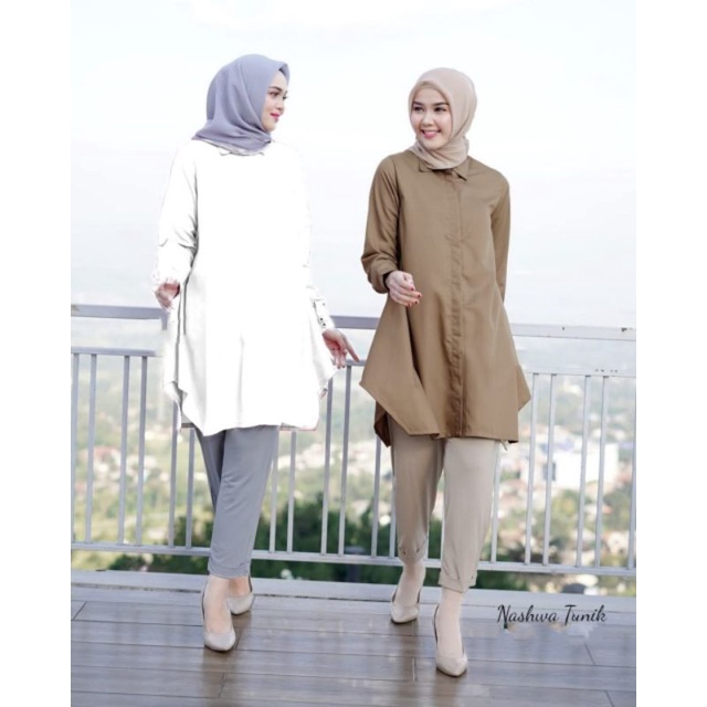 BAJU TUNIK NASHWA BAJU KEMEJA TUNIK MUSLIMAH WANITA DEWASA. BAHAN TOYOBO IMPORT JAPAN, FASHION WANIT