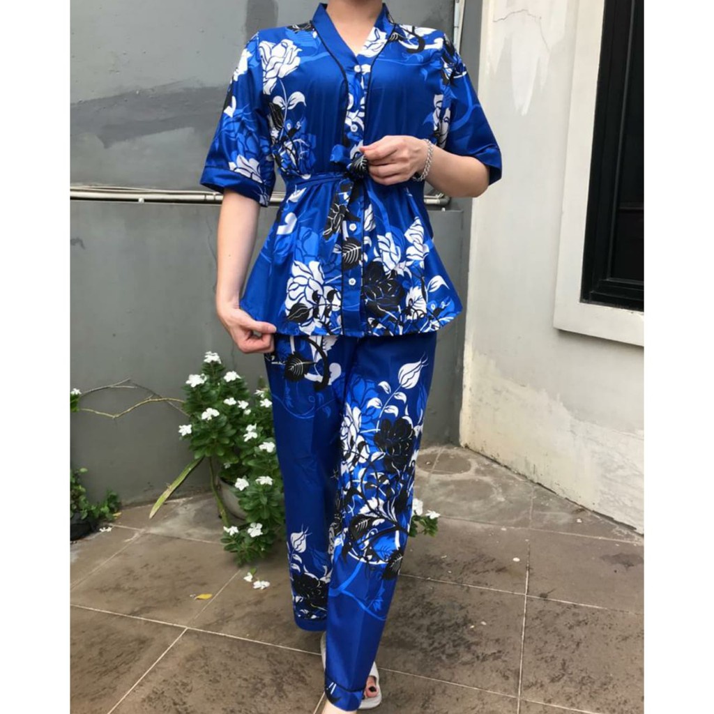 JNV Setelan Kimono CP Wanita Motif Karakter Kartun - Baju Tidur Kimono Lengan Pendek - Bahan Katun-Manohara Biru