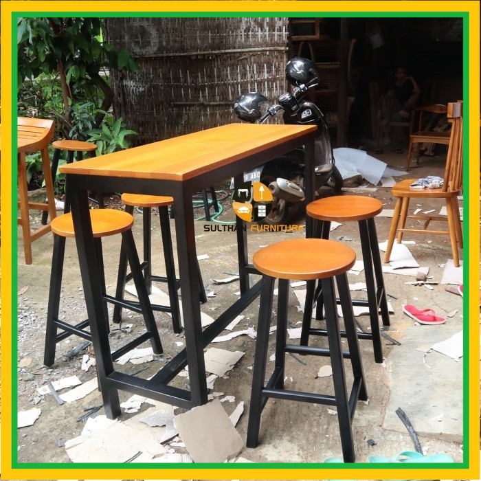Set Meja Makan Minimalis - Stool Bar - Kursi Cafe Kayu Jati