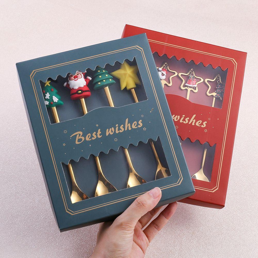 [Elegan] Hadiah Natal Kreatif 4/6pcs Pola Lucu Electroplate Seri Natal Dessert Spoon Sendok Dan Garpu