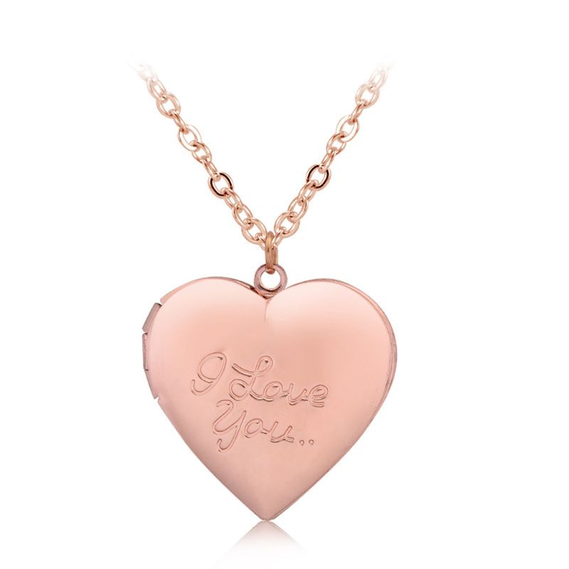 Glitter Customized Heart-Shape I Love You Engraved Locket Necklace DIY Photo Box Jewelry