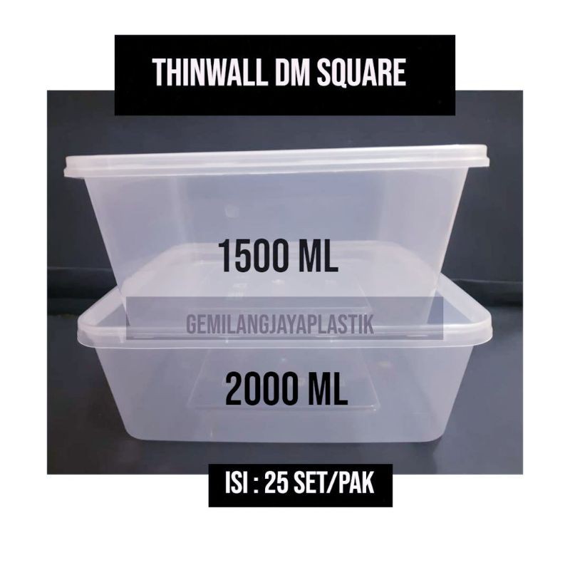 THINWALL DM SQ/KOTAK MAKAN PLASTIK Uk 1500 2000 ML ISI 25 SET