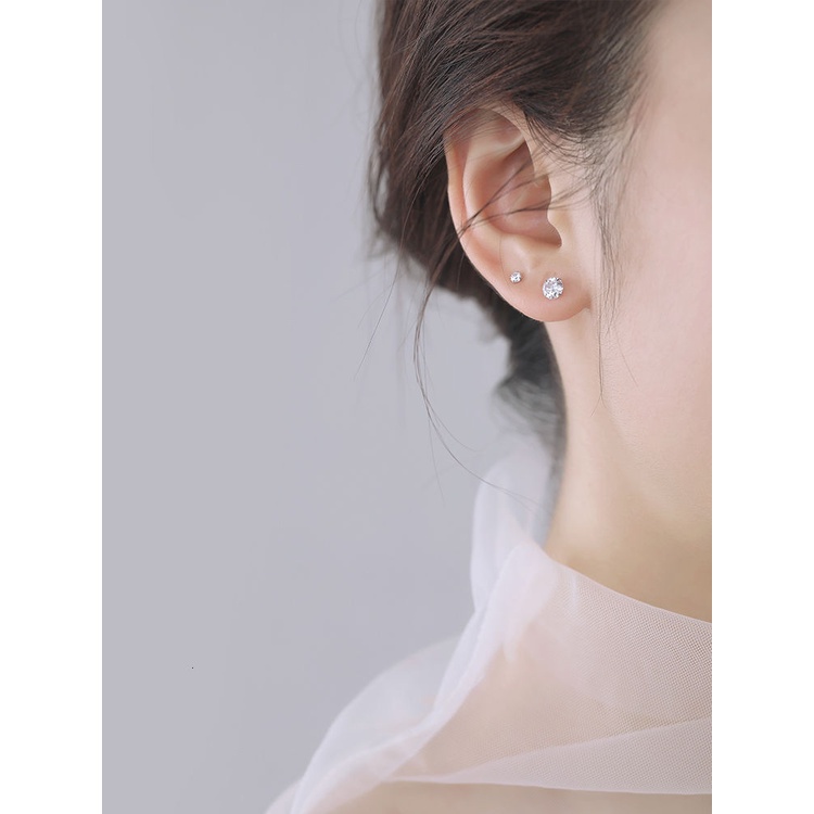 100% S999 Silver Needle Ear Stick Stud Earrings Diamond Zircon Basic Simple Helix Piercing Minimalist Hypoallergenic