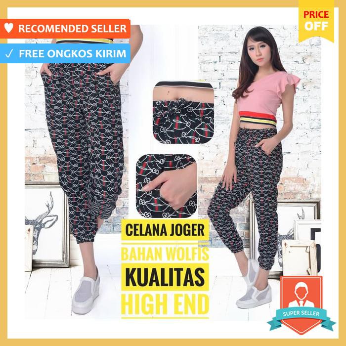 Celana Wanita Joger Motif Gc Hitam Bahan Wolfis Kualitas Super