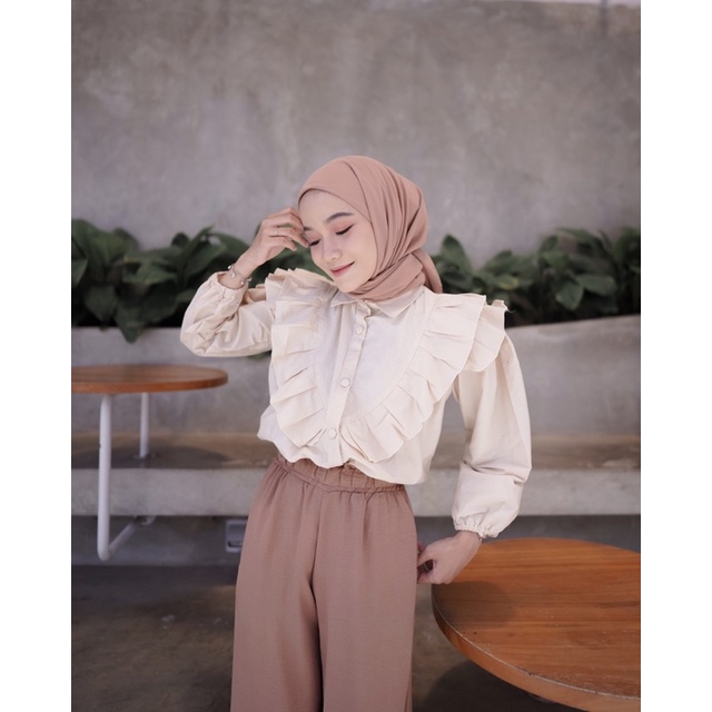 Tq88indonesia Fashionn Blouse Wanita Terbaru / Lelana Wrap Button Ruffle Shirt / Baju Atasan Polos Cewek Lengan Panjang / Blus / Busana Casual Cewek / Ootd / Outfit Kasual Kekinian