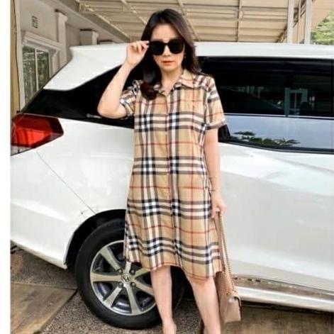 HD DRESS KEMEJA CREAM BURBERRY DRESS ROK KOTAK BULBERRY