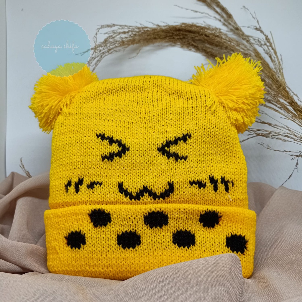 KUPLUK TOPI BAYI BOBA SMILE POMPOM / KUPLUK BAYI BOBA SMILE UNISEX