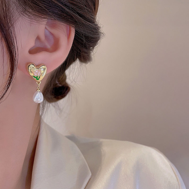 Anting Tusuk Gantung Bahan Sterling silver 925 Desain Bunga Tulip + Hati + Mutiara Gaya Mewah Untuk Wanita