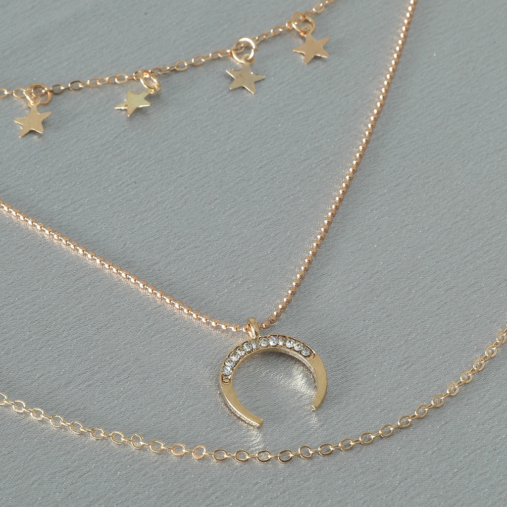 【MHANG】New Five-pointed Star Crescent Pendant Necklace Personalized Light Luxury Multi-layer Ladies Clavicle Chain Fashion Xingyue Niche Ladies Accessories