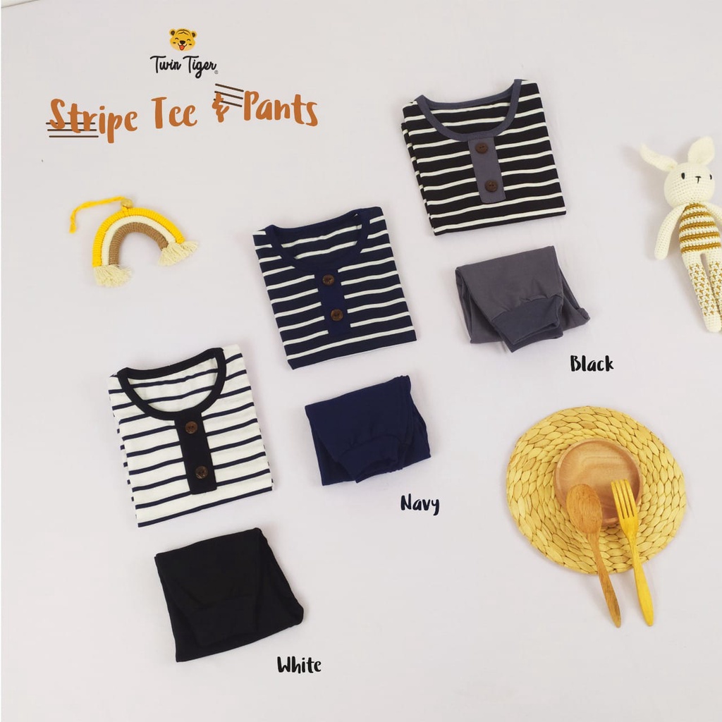 TWIN TIGER SETELAN PENDEK + PANJANG SET ANAK STRIPE TEE BAJU ANAK GARIS 1 - 5 TAHUN CBKS