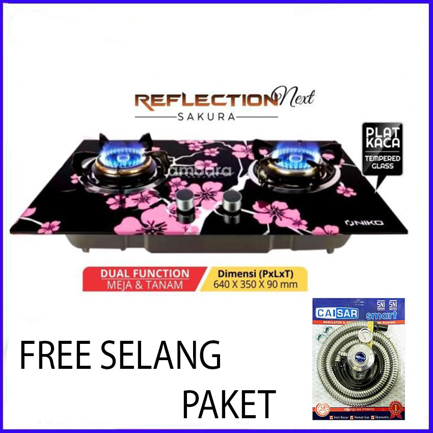 Niko Kompor Gas Tanam + Meja 2in1 Tempered Glass 2 Tungku SAKURA Free Selang Paket