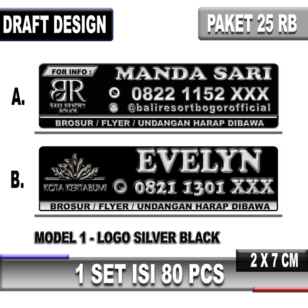 

Isi 80 Pcs Cetak/Custom Sticker Full Color Silver Black Stiker Label Nama Untuk Marketing Sales Property Mobil Termurah
