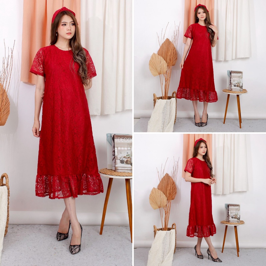 Dress Rempel Brukat Corneli Tulang Brokat Timbul Cord Dres Pesta 7 Warna Termurah