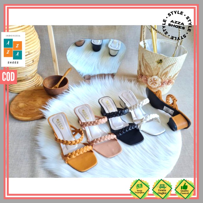 Azzashoes Th71h Hak Tahu Kepang Sandal Wanita High Heels Tali 5 cm Hitam Putih Moca Camel Ungu Cod