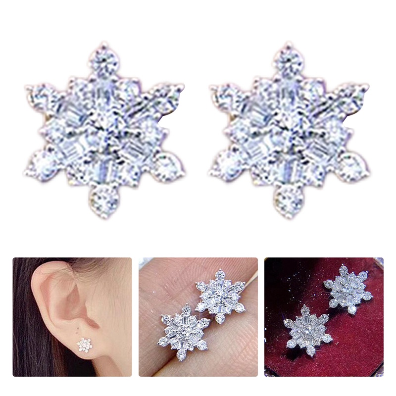 Anting Stud Desain Snowflake Aksen Kristal Untuk Wanita