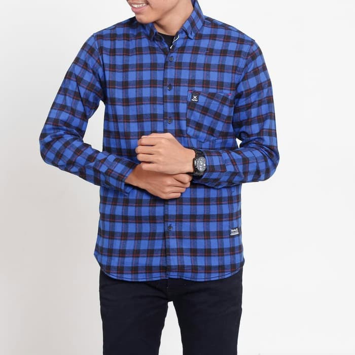 Kemeja flanel hurley biru hitam premium/kemeja kotak-kotak