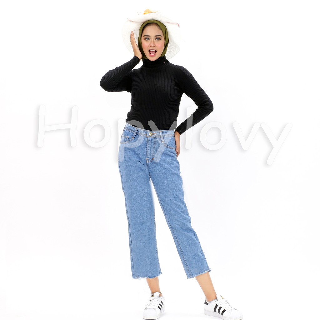 HOPYLOVY - Celana Jeans Boyfriend Wanita Unfinished Gisel