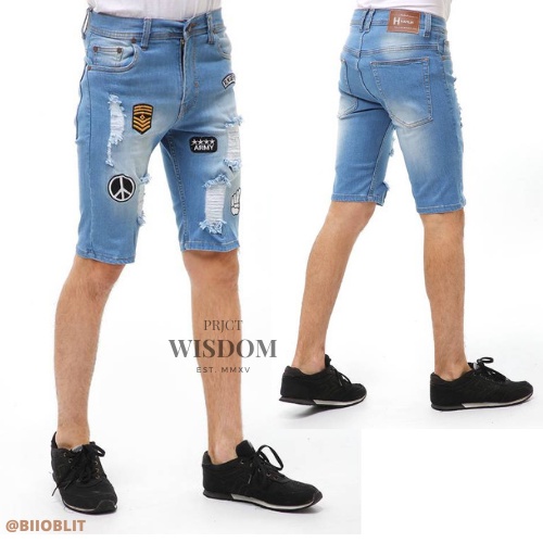 Wisdom - Celana Jeans Pendek Pria Import Sobek Emblem Extream Original Softjeans Stretch / Short Pants Denim Skinny / Full Tag &amp; Label