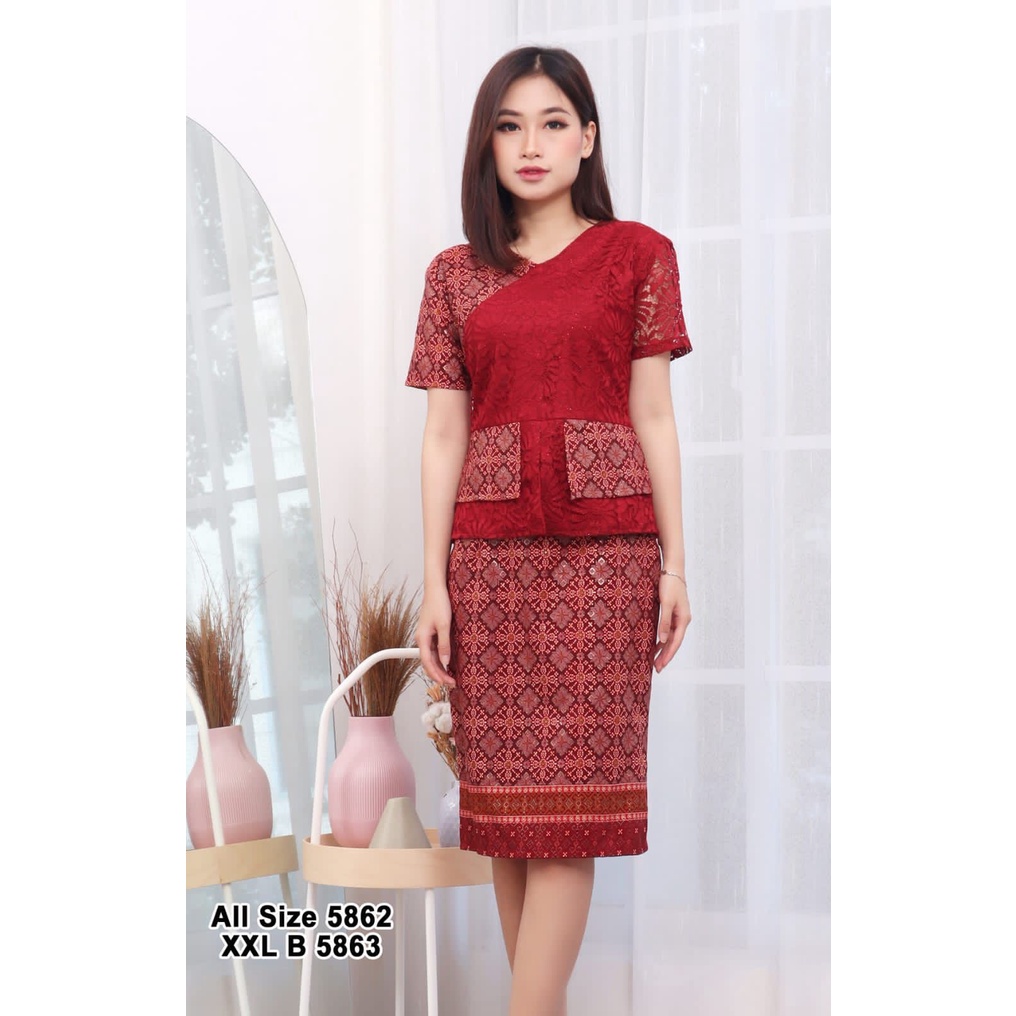 New Rafika stelan kombinasi brokat, scuba dan bahan katun strech/Stelan Formal Wanita Bahan Scuba Ko